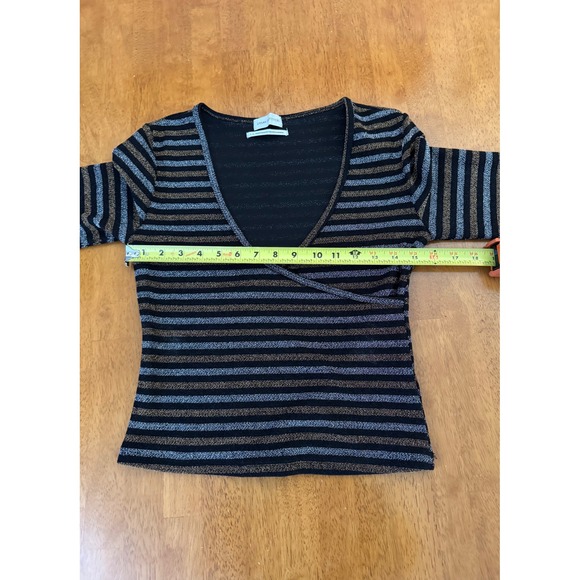 Urban Outfitters Women's Metallic Striped V-Neck Wrap Top Black Gold Silver Sz L - Picture 5 of 8